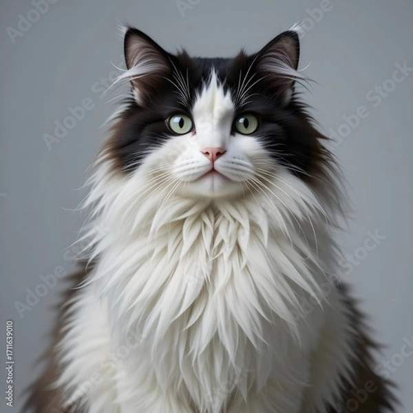 Fototapeta A fluffy cat with unique features, one eye pure white and the other black, half of its face black and the other half white, soft thick fur, sitting gracefully, high-quality realistic photography, stud