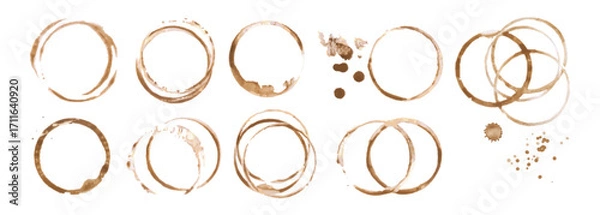 Fototapeta Coffee cup or tea stain drink ring vector illustration set isolated on white background. Coffee stain mark trace ring cup spot trace. Brown round splashes of drink collection.