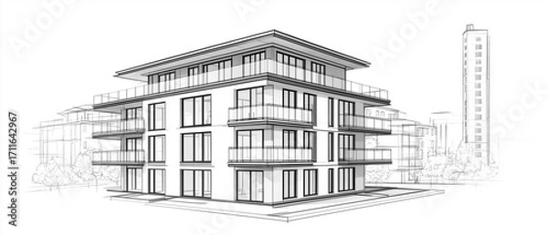 Obraz A black and white isometric line drawing of a modern two-story apartment building with a flat roof
