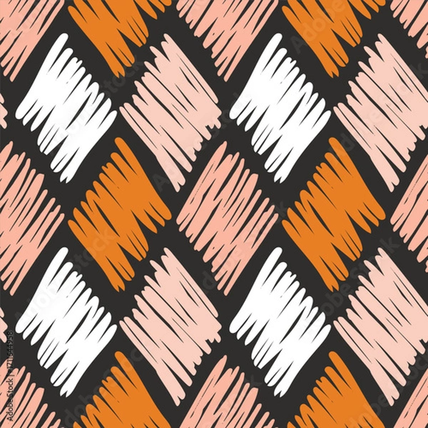 Fototapeta Hand drawn argyle checks as a minimalist diamond pattern in colors of orange, cream and off white on black background. Abstract holiday seamless vector pattern. Great for home decor, fabric, wallpaper