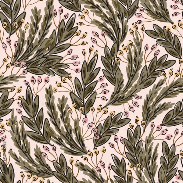 Fototapeta Wild berries with leaves and stems forming a Christmas maximalist foliage pattern in colors of green, black, pink and yellow on off pink. Holiday seamless vector pattern. Great for home decor, fabric.