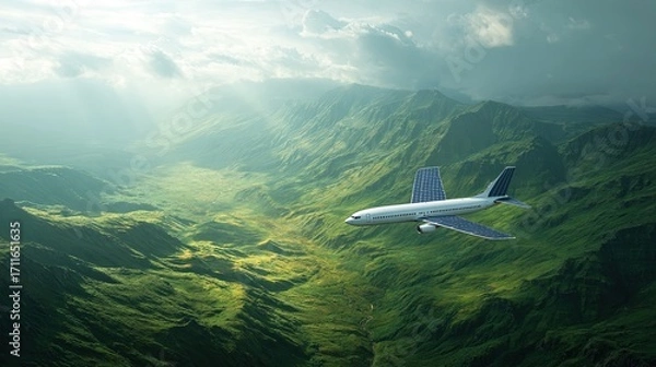 Fototapeta White passenger airplane with solar panels on wings and tail flies over green mountains Sunlight breaks through cloudy sky