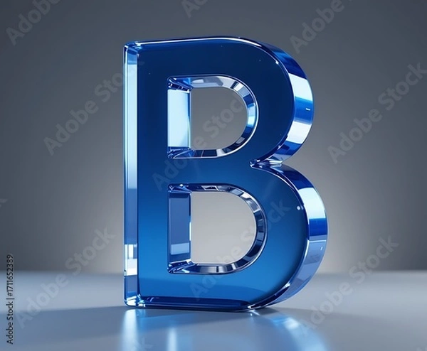 Obraz Blue glossy glass letter B isolated on grey background. 3d rendering