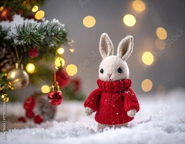Obraz Knitted rabbit in a red sweater, Christmas scene