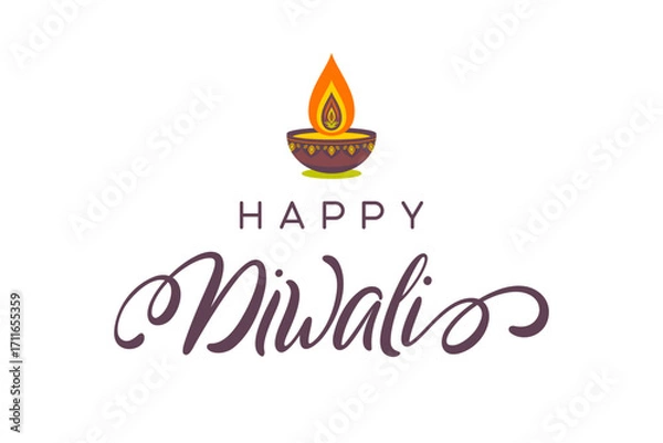 Fototapeta Happy Diwali greeting with decorative diya lamp, flame and festive calligraphy text for Indian festival of lights celebration. Vector.