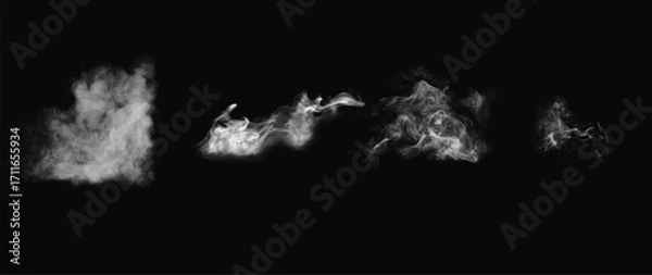 Fototapeta Light flowing smoke isolated on black background. Clouds on dark backdrop. Exploding white powder. Wide realistic illustration	