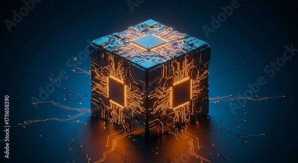 Obraz Abstract digital cube with glowing circuits representing advanced technology