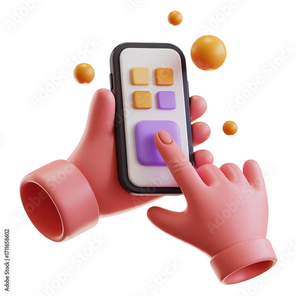 Fototapeta Vibrant 3D rendering of stylized hands holding a smartphone and tapping the screen
