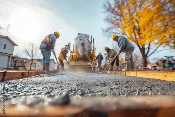 Fototapeta Construction workers pour concrete for a new sidewalk in a residential area during a sunny autumn afternoon