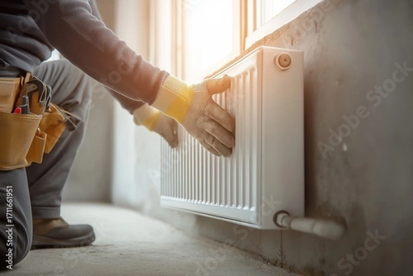 Fototapeta Technician installs a new radiator in a bright modern room during daytime renovation work