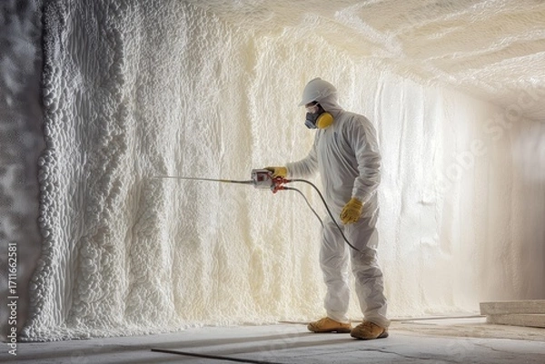 Fototapeta Professional worker applying spray foam insulation in a residential building to enhance energy efficiency and prevent air leaks during a bright day