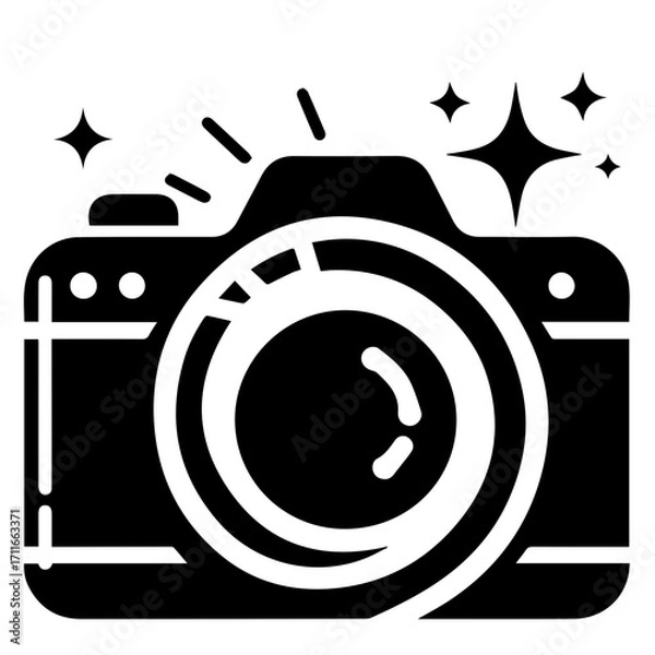Fototapeta Illustration of a black and white camera with a large lens and sparkling light effects around it design