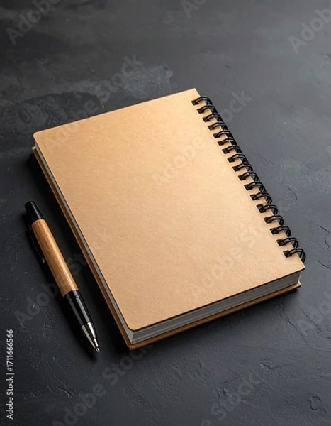 Obraz Blank notebook and pen on dark surface