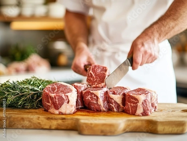 Obraz A chef skillfully slices marbled beef steaks on a wooden cutting board, accompanied by fresh rosemary, showcasing culinary expertise.