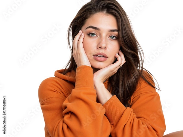 Fototapeta A young woman stands in a bright studio wearing an orange hoodie. She is resting her hands on her face, looking directly at the camera with a thoughtful expression, surrounded by a neutral background.