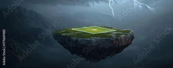 Fototapeta A futuristic floating soccer field surrounded by dramatic lightning and mountains.