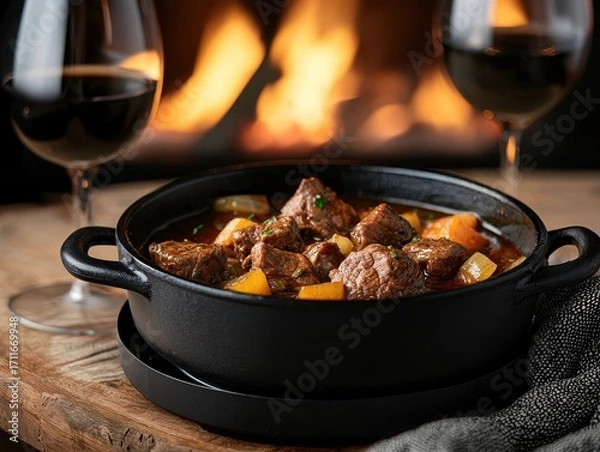 Obraz A cozy meal of tender beef stew served in a cast-iron pot, accompanied by glasses of red wine, set against a warm, glowing fireplace backdrop.