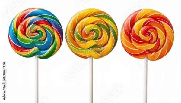 Fototapeta Three vibrant spiral lollipops in rainbow colors lined up against a white background, showcasing a playful and sweet treat.