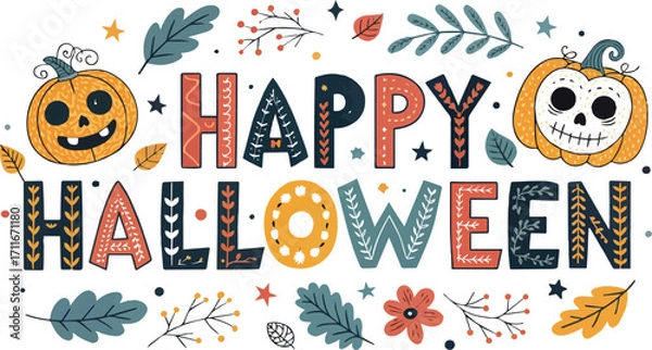 Fototapeta A colorful vector illustration set of Halloween pumpkin and holiday elements for seamless wallpaper and party design