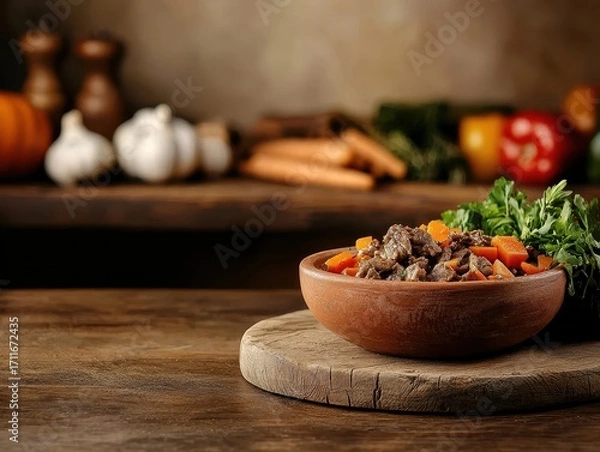 Fototapeta A rustic bowl of hearty stew filled with vegetables, set against a warm, cozy kitchen backdrop with assorted produce.