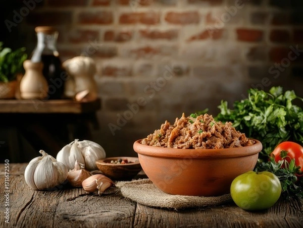 Obraz A rustic setting featuring a bowl of flavorful meat dish surrounded by fresh ingredients like garlic, herbs, and tomatoes, evoking a warm culinary atmosphere.