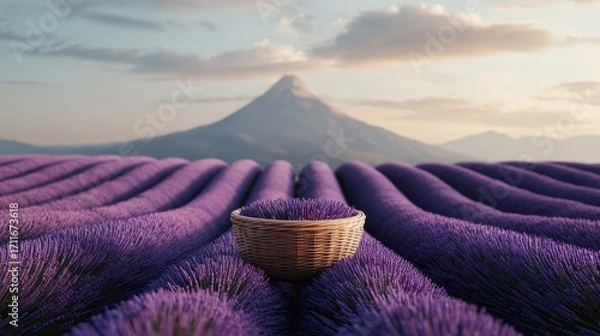 Fototapeta A serene lavender field with a basket under a majestic mountain backdrop at sunset.
