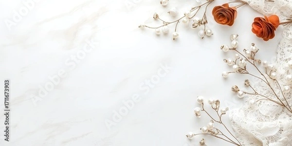 Obraz A serene arrangement of delicate flowers and lace on a smooth surface, creating an elegant and inviting aesthetic.