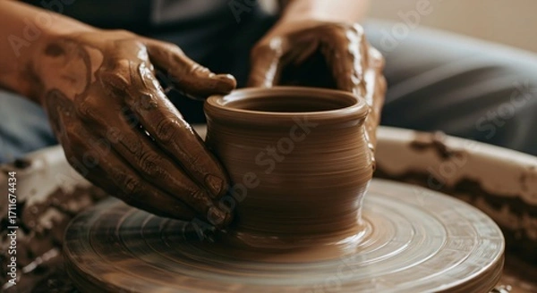 Obraz Woman working with clay on a pottery wheel. Creating ceramic tableware. Handcrafted art, craft, and sculpting concept.