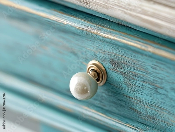 Fototapeta A close-up of a decorative drawer knob on a teal-painted wooden surface, showcasing a vintage style with a pearl-like finish.