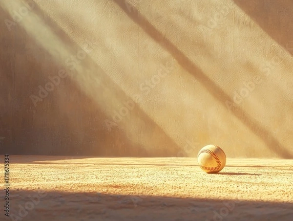 Fototapeta A solitary ball rests on a sandy floor, illuminated by soft, golden rays of light.
