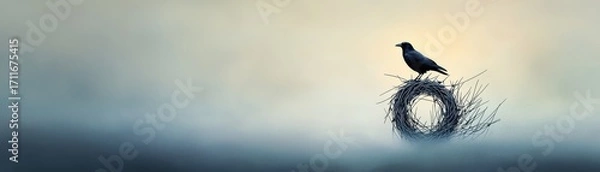 Fototapeta A solitary bird perched on a nest in a misty, atmospheric landscape.