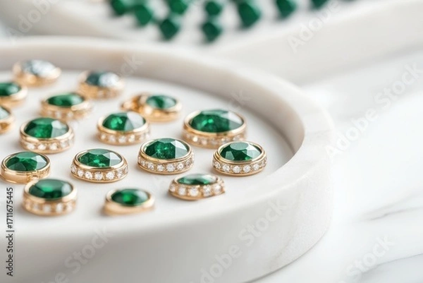 Fototapeta A collection of elegant green gemstone jewelry arranged on a marble surface, showcasing intricate designs and sparkling accents.