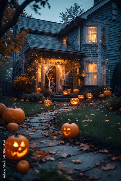 Fototapeta ia generated. Halloween Decorations. Wide shot of a suburban house front yard decorated with carved pumpkins, cobwebs, and glowing lanterns, dusk blue hour
