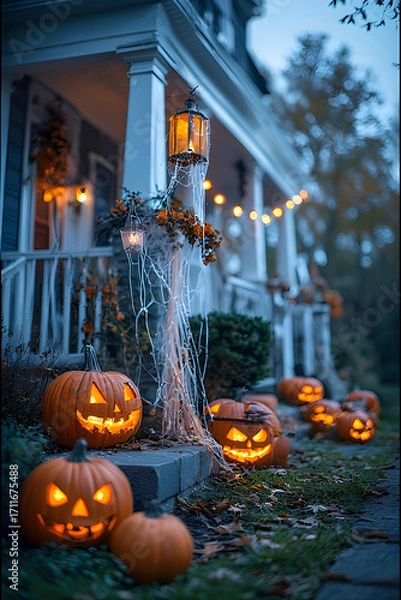 Fototapeta ia generated. Halloween Decorations. Wide shot of a suburban house front yard decorated with carved pumpkins, cobwebs, and glowing lanterns, dusk blue hour
