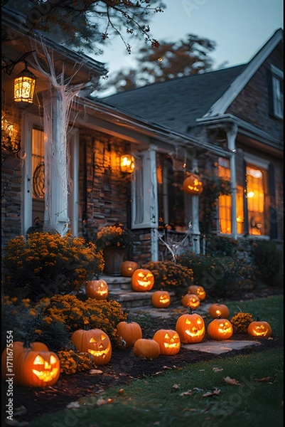 Fototapeta ia generated. Halloween Decorations. Wide shot of a suburban house front yard decorated with carved pumpkins, cobwebs, and glowing lanterns, dusk blue hour
