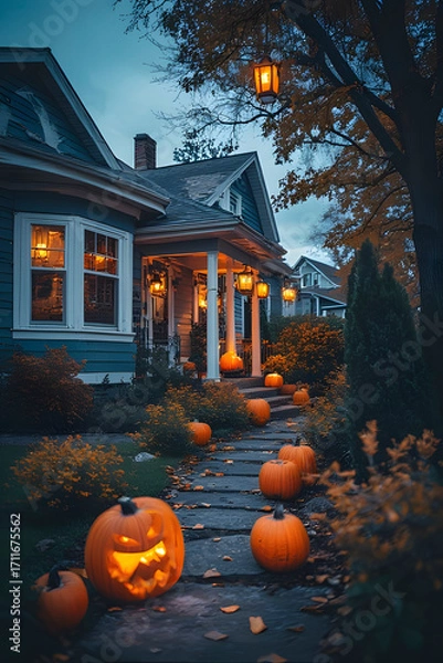 Fototapeta ia generated. Halloween Decorations. Wide shot of a suburban house front yard decorated with carved pumpkins, cobwebs, and glowing lanterns, dusk blue hour
