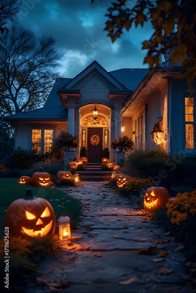 Fototapeta ia generated. Halloween Decorations. Wide shot of a suburban house front yard decorated with carved pumpkins, cobwebs, and glowing lanterns, dusk blue hour
