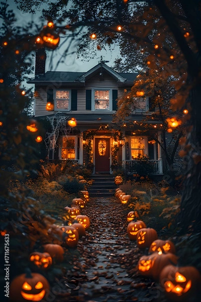 Fototapeta ia generated. Halloween Decorations. Wide shot of a suburban house front yard decorated with carved pumpkins, cobwebs, and glowing lanterns, dusk blue hour
