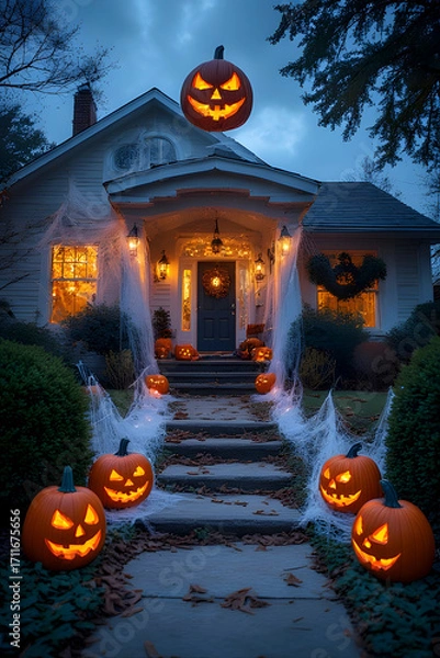 Fototapeta ia generated. Halloween Decorations. Wide shot of a suburban house front yard decorated with carved pumpkins, cobwebs, and glowing lanterns, dusk blue hour
