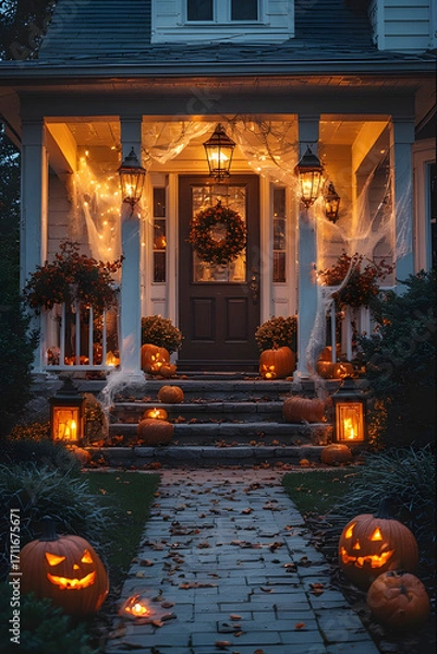 Fototapeta ia generated. Halloween Decorations. Wide shot of a suburban house front yard decorated with carved pumpkins, cobwebs, and glowing lanterns, dusk blue hour
