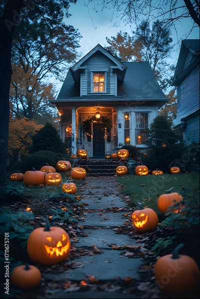 Fototapeta ia generated. Halloween Decorations. Wide shot of a suburban house front yard decorated with carved pumpkins, cobwebs, and glowing lanterns, dusk blue hour
