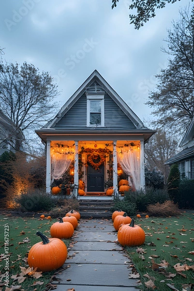 Fototapeta ia generated. Halloween Decorations. Wide shot of a suburban house front yard decorated with carved pumpkins, cobwebs, and glowing lanterns, dusk blue hour
