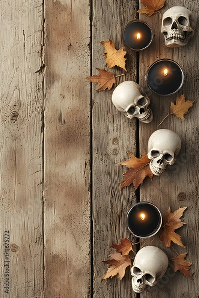 Fototapeta ia generated. Halloween Decorations. Rustic wooden table with burning black candles, skull ornaments, and autumn leaves, photorealistic
