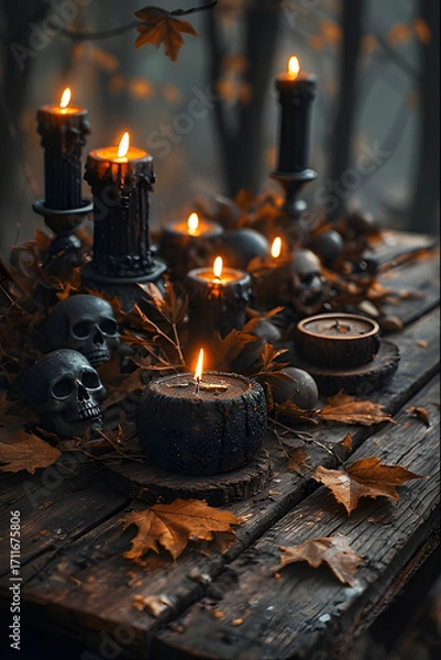 Fototapeta ia generated. Halloween Decorations. Rustic wooden table with burning black candles, skull ornaments, and autumn leaves, photorealistic
