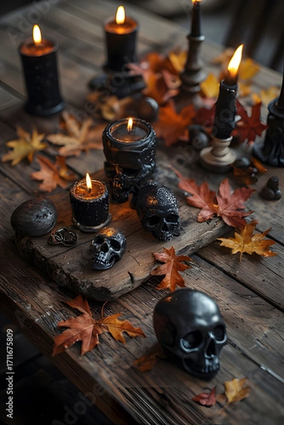Fototapeta ia generated. Halloween Decorations. Rustic wooden table with burning black candles, skull ornaments, and autumn leaves, photorealistic
