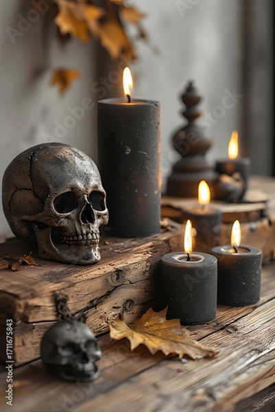 Fototapeta ia generated. Halloween Decorations. Rustic wooden table with burning black candles, skull ornaments, and autumn leaves, photorealistic
