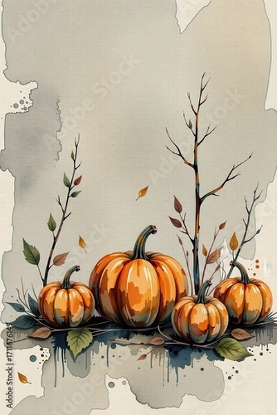 Fototapeta Elegant watercolor with delicate pumpkin outlines. Simple autumn tones with space for text.