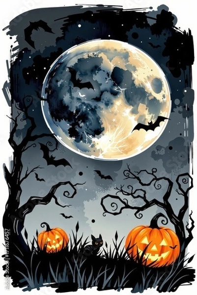 Fototapeta halloween poster featuring watercolor brushstroke moon and floating jack o' lanterns, top area reserved for promotional text.