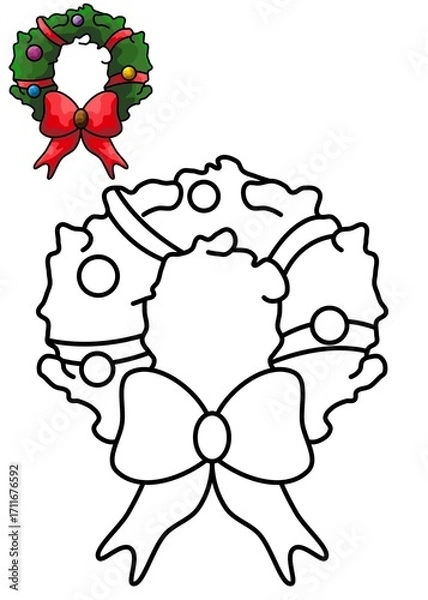 Obraz Christmas wreath line art and colored illustration – printable, educational, and creative use