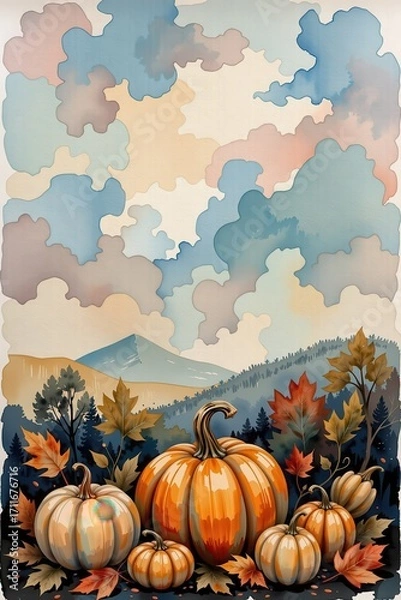 Fototapeta Pumpkins and fallen leaves on the ground, a festive autumn harvest scene.